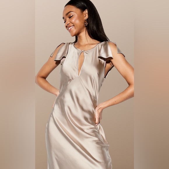 NWT🌹THE OCCASION L🌹ELITE LINE CHAMPAGNE SATIN FLUTTER SLEEVE FITTED MIDI MAXI - Picture 9 of 16